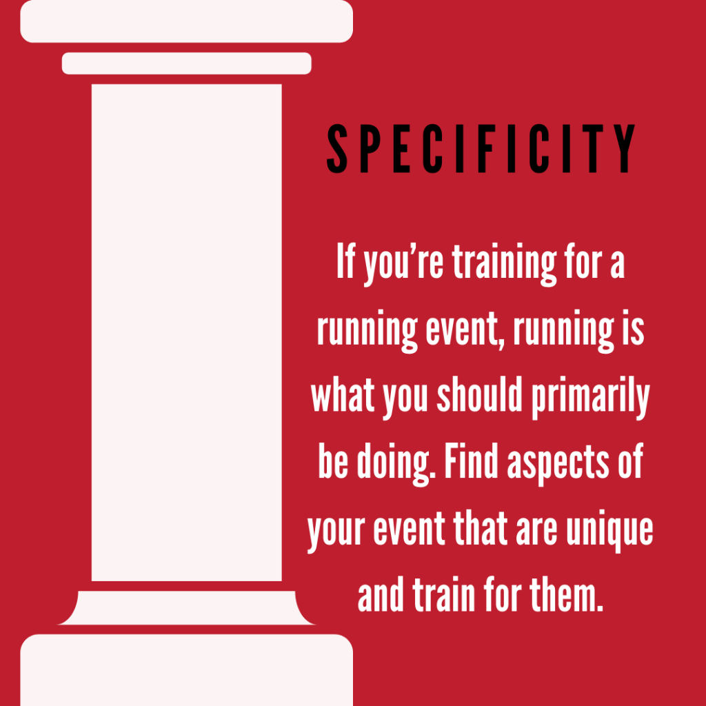 specificity, if you're training for a running event, running is what you should primarily be doing. zFind aspects of your event that are unique and train for them