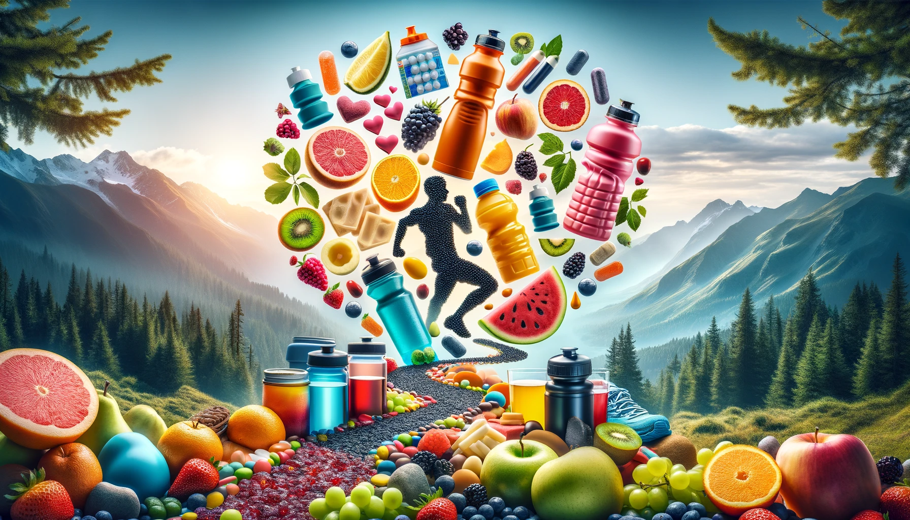 fruit and fresh vegetables with a runner in the middle and mountains in the background